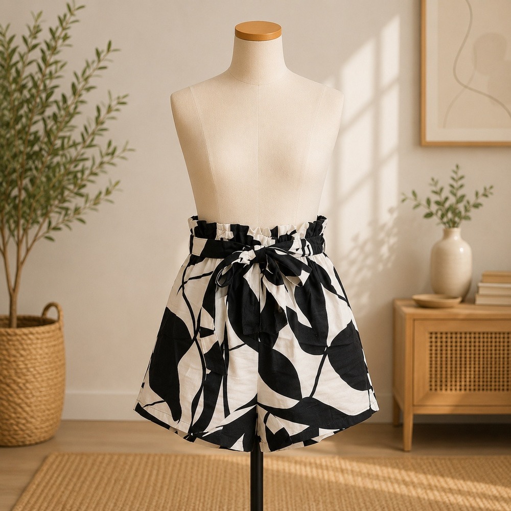 NWT Cupshe Paperbag Shorts Womens M Black White Abstract Leaf Print Belted